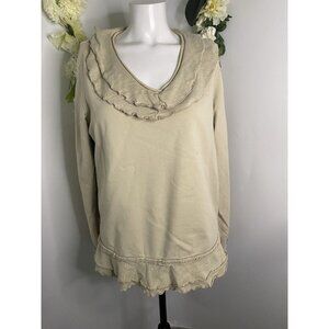 Neon Buddha Beige Raw Seam Long Sleeve Jersey Ruffle Top Tee Shirt Womens Medium